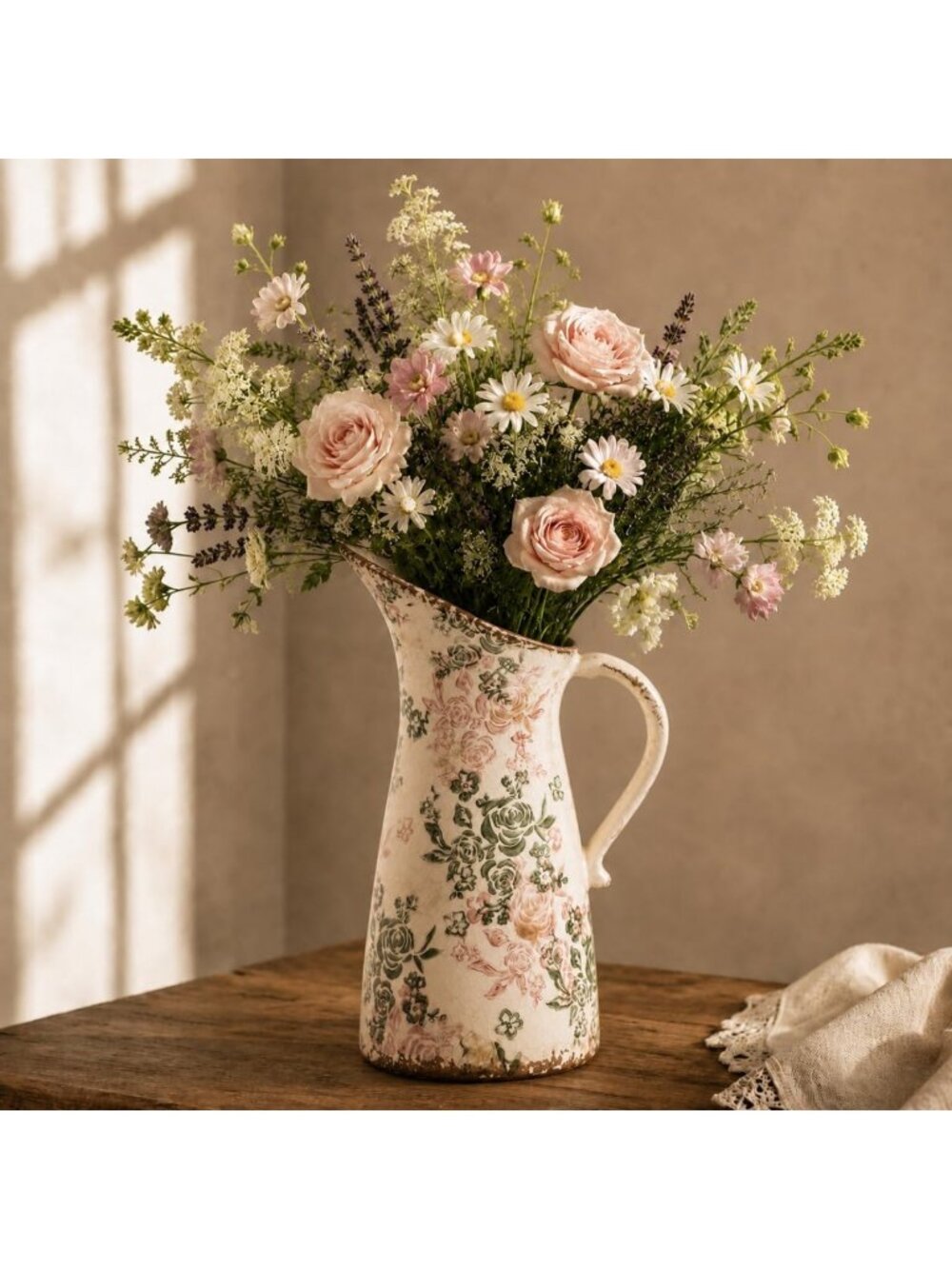 Charming Vintage Ceramic Pitcher Vase 10.5” | Green & Pink Floral Farmhouse